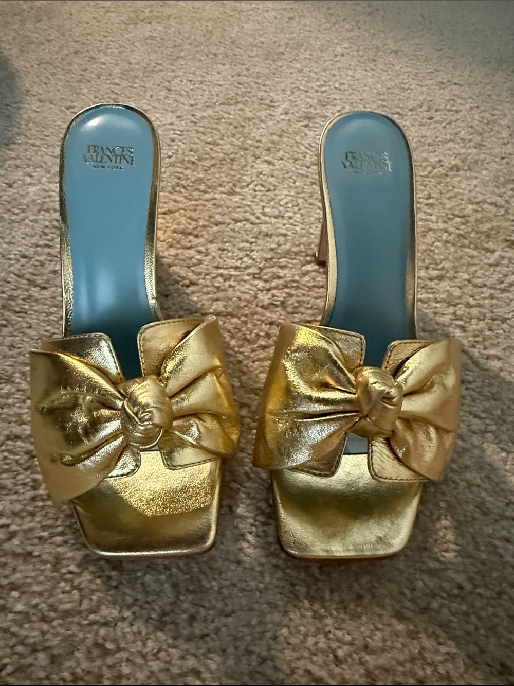 Frances Valentine Metallic Gold Knot Bow Slide Mules